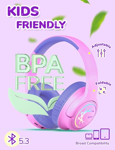 iClever BTH18 Kids Bluetooth Headphones LED Lights for Toddler Boys Girls | SafeSound Tech, 43H Playtime Stereo Sound, USB C Charging AUX Cable, Over Ear Kids Headphones Wireless for iPad/Tablet/Travel - color: B-Blue/Pink