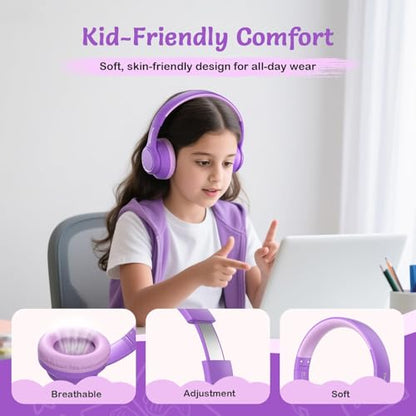 TONOSHARK Kids Bluetooth Headphones with ANC for School Travel Gift | Wireless Over-Ear Headphones for Boys Girls, Foldable, Adjustable, Safe Volume, 40H Playtime, Mic for School Travel - color: Purple