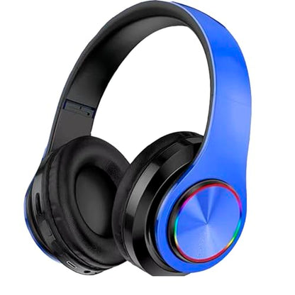 Wireless Bluetooth Headphones with Colorful LED Lights, Blue | Built-in Mic, Light Weight, Foldable, Wired HiFi Stereo Headphones for Classroom/Home Office/PC/Mobile Phone/Kids Adult - color: Blue
