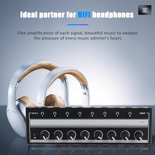 Portable Metal Stereo Headphone Amplifier with 8 Outputs, 1 Input, 12V Power Adapter, Mini Headphone Splitter for Studio/Stage, 100-240V US Plug