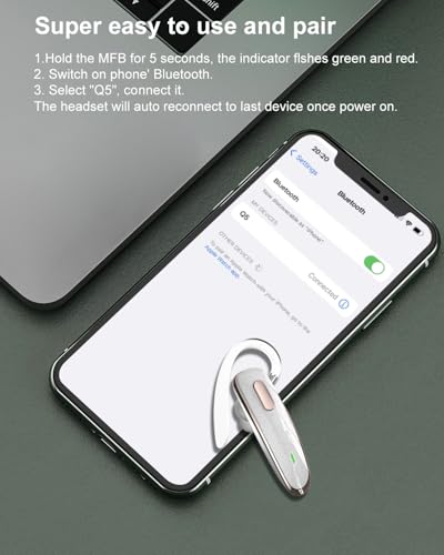 Bluetooth Headset V5.1, Wireless Hands-Free Earpiece with Noise Cancellation, Built-in Microphone for iPhone Android Business Calls - White - color: White, style: Single Bluetooth headset