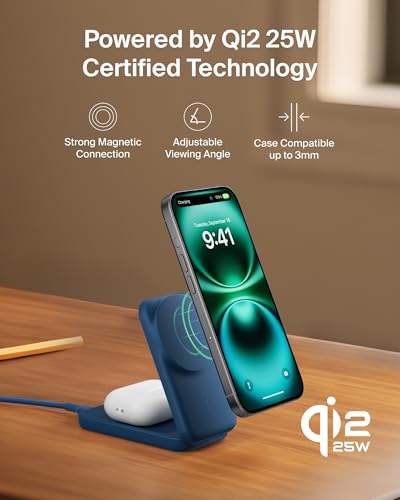 Belkin Qi2.2 25W Wireless 2 in 1 Foldable Fast Charging Station for iPhone | Fast Charging, MagSafe Compatible, iPhone 17/16/15, AirPods, Travel Charger, Magnetic - color: Blue