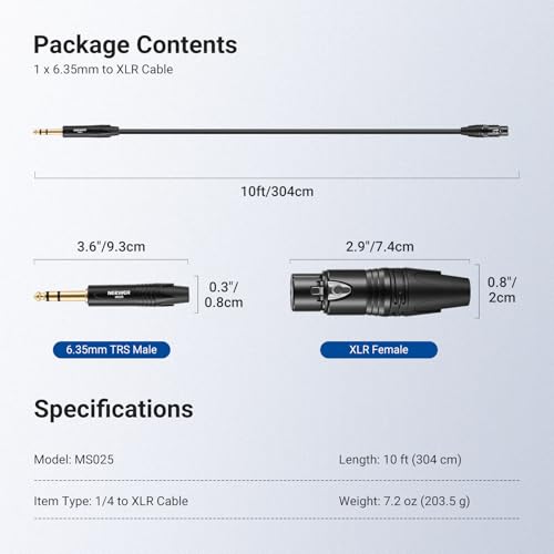 NEEWER 6.35mm 1/4 Inch TRS to XLR Female Cable, 10 ft Microphone Guitar Bass Cord Adapter Connector for Shotgun Condenser Mic Audio Amplifier Mixer Powered Speaker PA System, MS025 - size: 6.35mm（304cm）, style: XLR Female