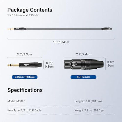 NEEWER 6.35mm 1/4 Inch TRS to XLR Female Cable, 10 ft Microphone Guitar Bass Cord Adapter Connector for Shotgun Condenser Mic Audio Amplifier Mixer Powered Speaker PA System, MS025 - size: 6.35mm（304cm）, style: XLR Female