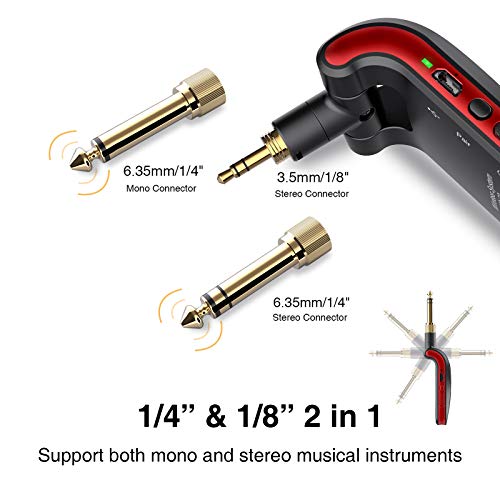 LEKATO 2.4GHz Wireless Guitar System - 6 Channels Rechargeable Wireless Transmitter & Receiver for Guitar & Bass, Stereo & Mono 1/4' & 1/8' 2 in 1 Plugs (Black & Red) - color: red