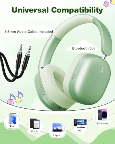 Wentronic Kids Headphones Wireless Bluetooth 5.4,Foldable Over Ear Headphones with 3.5mm Wired Mode,Safe Volume Limit,48H Playtime,Clear Calls,HD Sound for Toddlers/Children/School/Travel,Green - color: Green