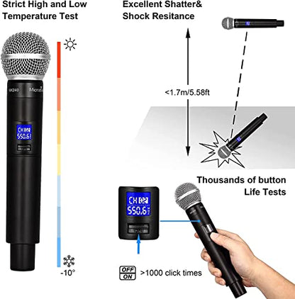 MicrocKing 4 Channel UHF Wireless Microphone System, 4 Handheld Wireless Microphones with Receiver, 400ft Long Range, Professional Dynamic Mic Set for Church, Conference, Wedding, Karaoke and Speech - style: 4 Handheld mics