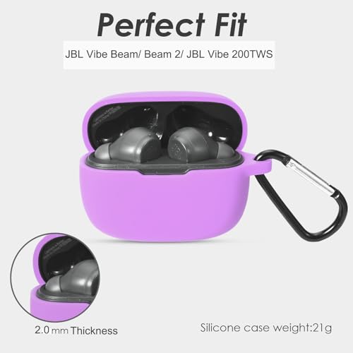 Silicone Case for JBL Vibe Beam 2, JBL Vibe Beam, JBL Vibe 200TWS True Wireless Headphones, Premium Shockproof Case Cover with Carabiner. (Purple) - color: Purple