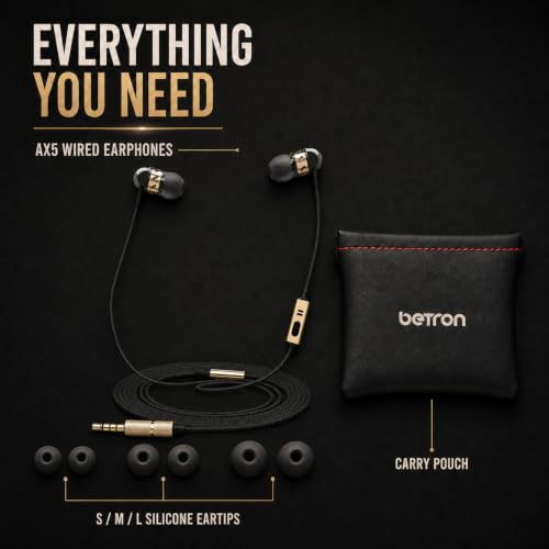 Betron AX5 Earphones Wired Earbud Headphones with Microphone | 3.5mm Jack, Plug in, Tangle-Free Cable, Sound Isolation, S/M/L Ear Buds , Carry Case included