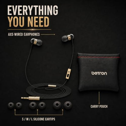 Betron AX5 Earphones Wired Earbud Headphones with Microphone | 3.5mm Jack, Plug in, Tangle-Free Cable, Sound Isolation, S/M/L Ear Buds , Carry Case included