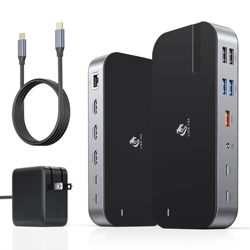 LIONWEI Laptop Docking Station,16 in 1 USB C Docking Station Triple Monitor | USB C Dock Station with 3HDMI,PD, 7USB,RJ 45 Ethernet,Card Reader,Audio for Dell/HP/Lenovo（Include Power Adapter)