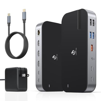 LIONWEI Laptop Docking Station,16 in 1 USB C Docking Station Triple Monitor | USB C Dock Station with 3HDMI,PD, 7USB,RJ 45 Ethernet,Card Reader,Audio for Dell/HP/Lenovo（Include Power Adapter)