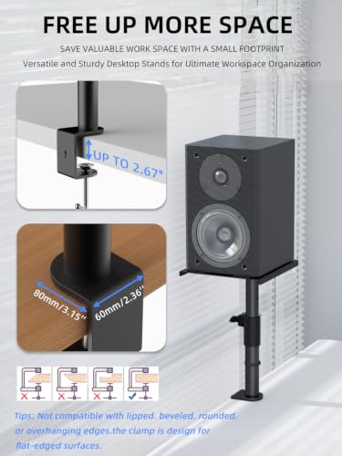 suptek Clamp-on Speaker Stand Desk Mount, Height Adjustment, Swivel, Tilt, 9.6 x 8.8 in Trays, Universal Audio Holders for Bookshelf Speakers, Elevated Sound, Against the Wall, 2 Pack, Black, SDM001KT - color: Black, size: Tilt Speaker Stands Against the