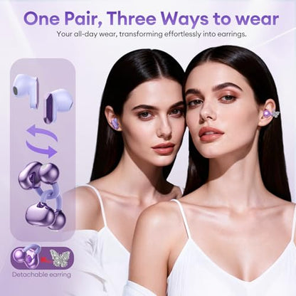 PAXA 3 in 1 Ctbuds Stylish Jewelry-Style Clip on Open Ear Headphones Wireless Earbuds, Instant Earring Mode, Ultra-Long 140H Play, Bluetooth 6.0, All-Day Wear for Work Fitness Daily Use, Purple - color: F-Purple-Butterfly Earring