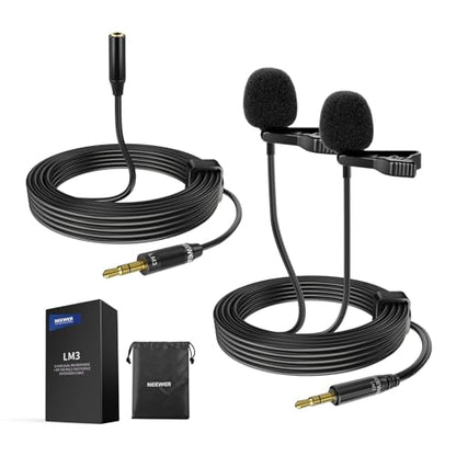 NEEWER 2m Wired Dual Lavalier Microphones with 4m Extension Cable, Mini Clip On Omnidirectional Condenser Lapel Lav Mic 3.5mm TRS for DSLR Mirrorless Camera Camcorder Interview Vlog, LM3