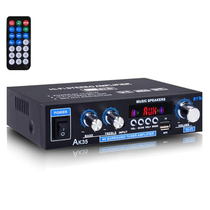 AK35 200W Stereo Audio Amplifier Bluetooth 5.0, 2.0 Channel Mini Amplifier Stereo Receivers with Bass & Treble Control,Home Amplifier w/AUX, USB, SD Card Input,Remote Control - color: black-AK35
