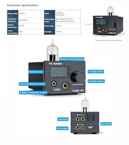 FX-Audio- TUBE-05 HiFi Vacuum 12AU7/ECC82 Tube Headphone amp Bass Treble EQ Preamp, for 30-600Ω Headphone, with Remote Control