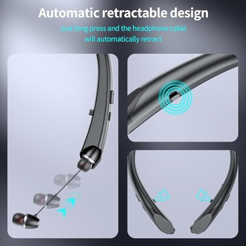 Retractable Neckband Bluetooth Headphones, Bluetooth 6.0 Wireless Neck Earbuds with Auto Retractable Ear Cables, 24H Playtime HiFi Deep Bass Stereo Headset for Sports Workout Commute Work Meeting
