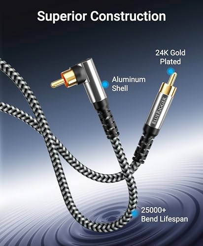 BlueRigger Subwoofer Cable 90D (25FT, RCA Audio, Dual Shielded, Gold Plated, Right Angled Male RCA Connectors) – Compatible with Subwoofer, Amplifier, Home Theater - size: 25FT