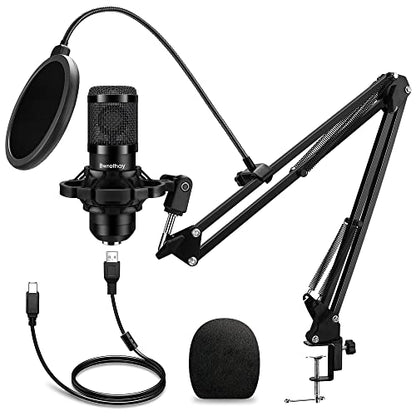 Bwrethay USB Microphone,Professional Microphone 192kHz/24Bit Plug & Play PC Computer Condenser Cardioid Mic Kit with Adjustable Boom Arm Stand Shock Mount,for Podcast,Streaming,StudioRecording, Black