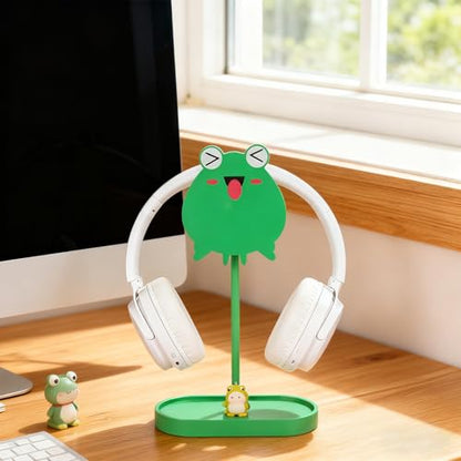 Frog Cute Headphone Stand with Storage Tray, HSSZXFR Decorative Wooden Headphone Stand Hanger with Cable Holder, Desk Decor Gaming Gifts for Player Girlfriend Office Worker, Headset Holder Accessories