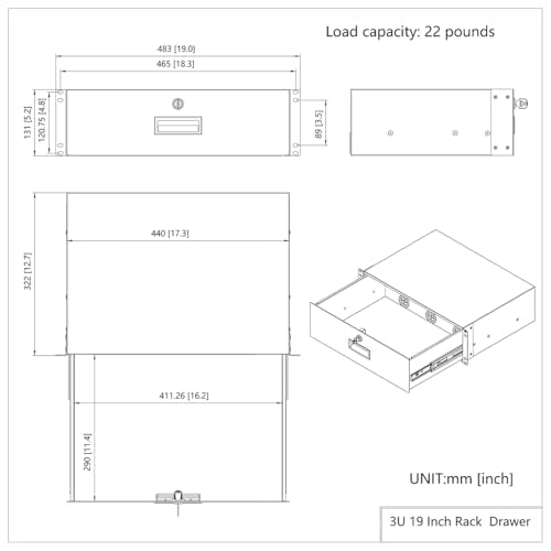 3U Server Cabinet Case 19" Rack Mount Lockable Drawer with Key | Metal Rack Sliding Drawer with Cable Management Holes for 19-inch Server Rack and Network Cabinet,12.6" Depth (3U) - size: 3U