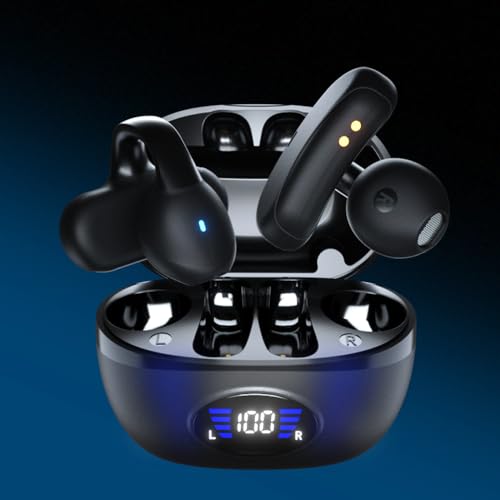 IHAO Clip Ear Sport Earbud Headphones Bluetooth 5.3 Open Earpiece, Clip On Ear Never Fall Out 80 Hours Playtime with Charging Case, HiFi Sound Noise Reduction Painless Firm Wear IPX4 Waterproof-Black