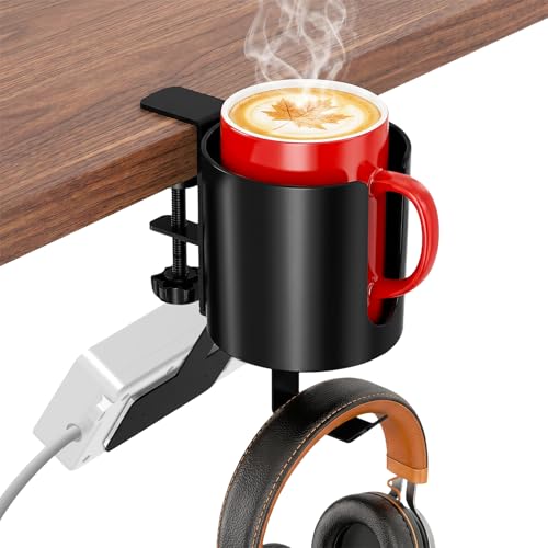 3 in 1 Desk Cup Holder Clamp, Clip On Table Cup Holder with Headphone Hook | Rotatable Water Bottle Drink Coffee Mug Organizer with Power Strip Holder, Gaming Accessories for Home and Office - color: With Power Strip Holder