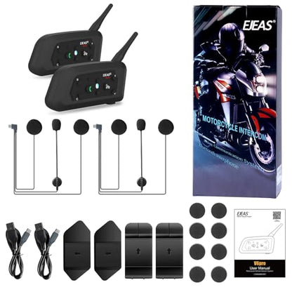 EJEAS V6 Pro Motorcycle Helmet Bluetooth Intercom, 2-Way 1200M Motorcycle Bluetooth Headset Universal Communication System with Noise Cancellation and Waterproof for Dirt Bike/ATV/Snowmobile (2PCS) - size: V6-2