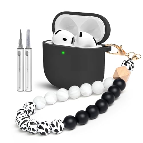 for Airpods 4th Case Cover, Come with Cleaner Kit,Soft Skin Silicone Case Cover with Keychain, Full Protective Case for Men and Women,Black Marble Pattern - color: B4-Black Marble Pattern