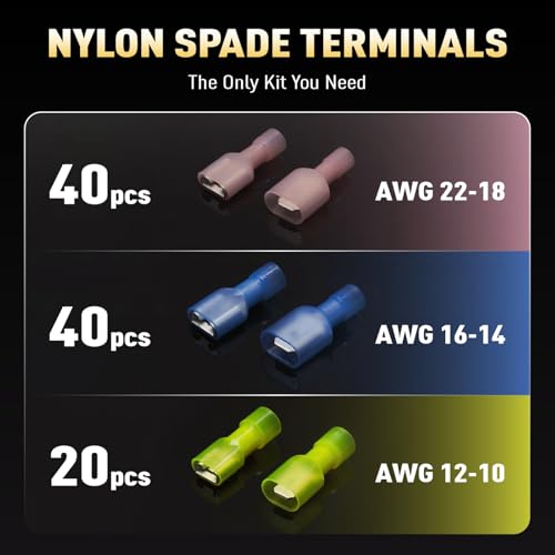 100 Pcs Nylon Spade Wire Connectors Kit, 22-10 AWG, Male/Female - size: 22-10 AWG