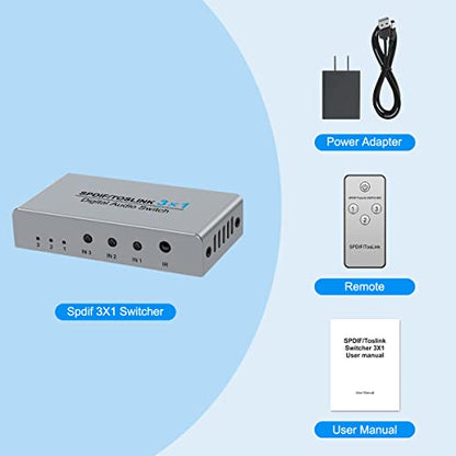 3 Port Digital Toslink Optical Fiber Audio Switch Splitter 3X1 (3 in 1 Out),3 Port Spdif Toslink Optical Switch for TV PS5 PS4 PS3 Xbox Blue-Ray DVD HDTV with Optical Cable
