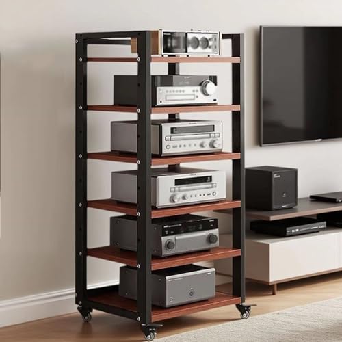 6 Tier Audio Rack Tower, CD Record Player Stereo Receiver AV Equipment Cabinet Display Rack, Weight Capacity 661 lbs, with Adjustable Wooden Shelves for Home (6 Tier Teakwood) - size: 6 Tier Teakwood