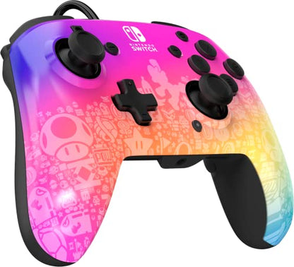 PDP REMATCH Enhanced Wired Controller, Officially Licensed for Nintendo Switch, Switch Lite & Switch - OLED Model, Nintendo Switch 2, Compatible Gamepad, Customizable Programmable Buttons, Super Mario Star Spectrum (Rainbow) - color: Star Spectrum