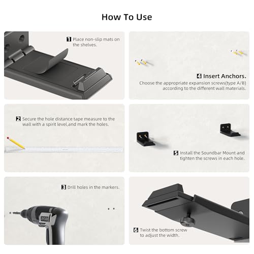 Soundbar Wall Mount Bracket for Samsung, LG, Sony, JBL, Vizio, Sonos and More, Depth Adjustable 3.5”-6.1”, Soundbar Shelf Under TV, Black - color: Black