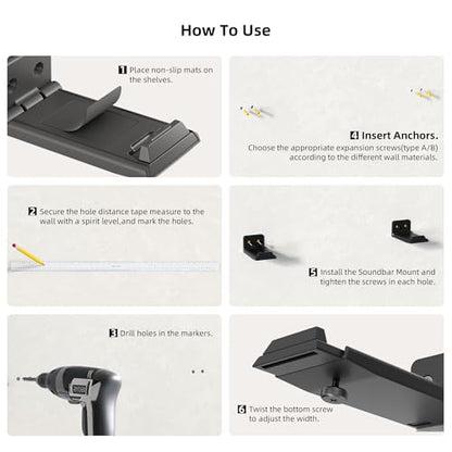 Soundbar Wall Mount Bracket for Samsung, LG, Sony, JBL, Vizio, Sonos and More, Depth Adjustable 3.5”-6.1”, Soundbar Shelf Under TV, Black - color: Black