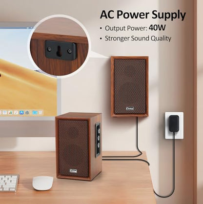 【2026 Upgraded】 Active Bookshelf Speakers – 40W Hi-Fi (DSP) Computer Speakers with Powerful Bass, Bluetooth/USB/RCA/AUX Inputs – 2.0 Wooden PC/TV Speakers for Laptop, Turntable