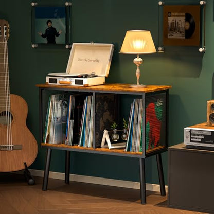 Record Player Stand with Adjustable Divider Vinyl Storage Holder Up to 200 Albums Mid-Century Large Record Player Table Vinyl Holder Turntable Stand End Table for Bedroom & Living Room, Patent Pending - size: 29.9"W x 13.4"D x 27.5"H