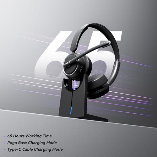 Wireless Headset with Mic for Work, Bluetooth Headset with Noise Canceling Mic & Charging Base, Wireless Headphones with Mic for Remote Workers/Call Center/PC/Laptop/Computer/Home/Office/Zoom/Teams