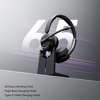 Wireless Headset with Mic for Work, Bluetooth Headset with Noise Canceling Mic & Charging Base, Wireless Headphones with Mic for Remote Workers/Call Center/PC/Laptop/Computer/Home/Office/Zoom/Teams