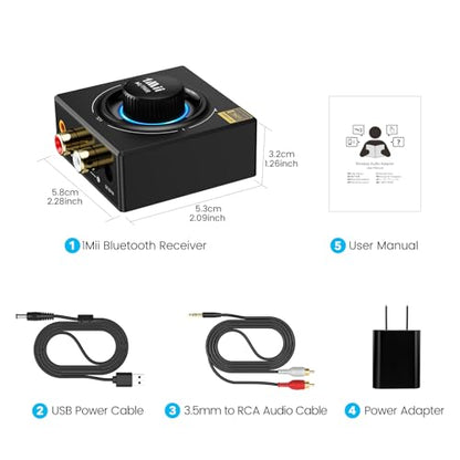 1Mii B06T3+ Bluetooth Receiver with LDAC for Home Stereo, Wired Speakers | Hi-Res Wireless Audio Adapter with aptX Low Latency & HD, Knob Volume Control, RCA/3.5mm AUX for Music Streaming