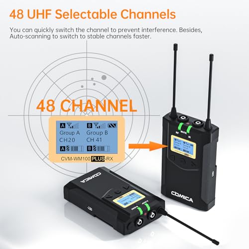 COMICA CVM-WM100PLUS UHF Wireless Lavalier Microphone for Camera Smartphone | 48 UHF Selectable Channel, Noise Cancellation, 160ft Stable Range, Dual Lapel Mic for YouTube TikTok Vlog Interview Stream
