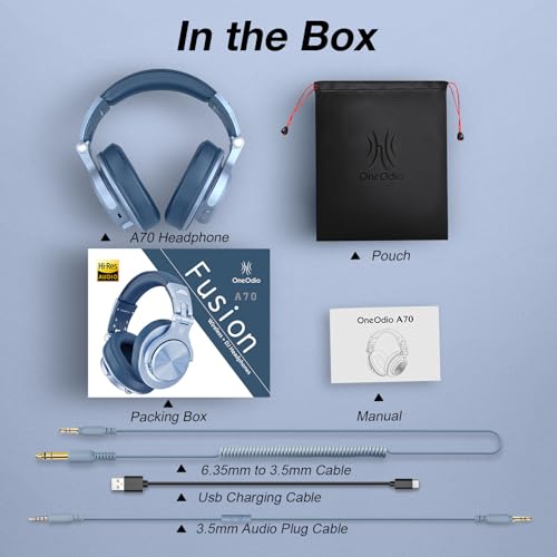 OneOdio A70 Bluetooth Over-Ear Headphones, Hi-Res Wired DJ Studio - SB | Wireless over-ear headphones with 72H playtime, 3.5mm/6.35mm wired jacks for studio monitoring, mixing, guitar, amp and PC - color: Sky Blue