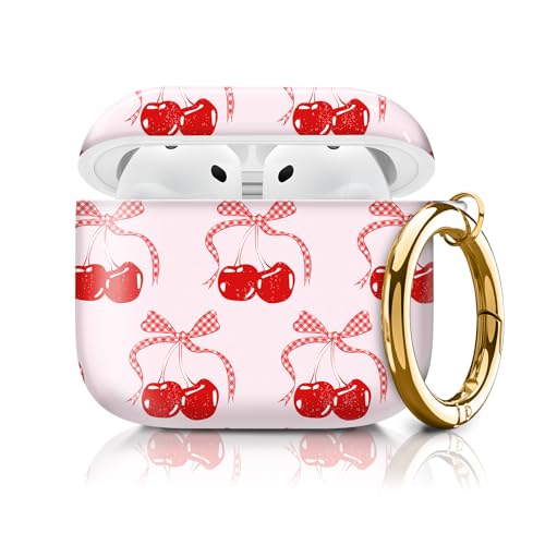 Compatible with AirPods 4th Generation Case 2024, Shockproof Cover with Golden Buckle for Women & Girls, Protective Anti-Drop Design(Cute Cherry Bow Tie Ribbon) - color: Cute Cherry Bow Tie Ribbon
