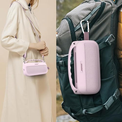 co2CREA Hard and Silicone Travel Case for Bose SoundLink Flex 2/1,Pink | 2nd Gen Compatibility, Dual-Layer Protection, EVA Hard Shell, Silicone Cover, Adjustable Shoulder Strap, Aluminum Carabiner - color: Pink Case