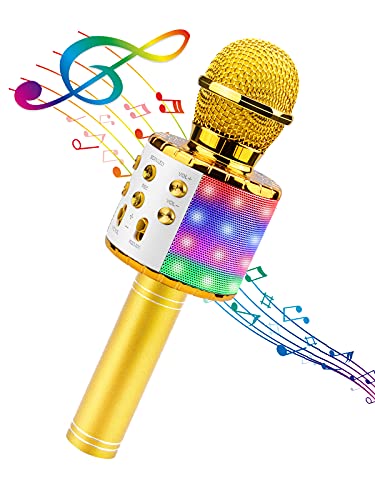 BlueFire 4 in 1 Karaoke Wireless Microphone with LED Lights, Portable Microphone for Kids, Great Gifts Toys for Kids, Girls, Boys and Adults (Gold) - color: gold