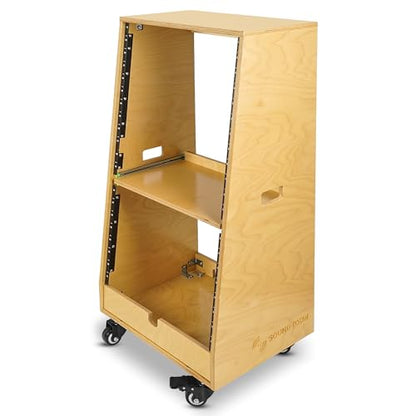 Sound Town DIY Slanted 20U Studio Rack (12U Top + 8U Lower), with 2U Bottom Storage, Slide-Out Tray, Caster, Plywood, Golden Oak for Recording Room, Home Studio (SDRK-ST20T) - size: 20U(12U Top + 8U Lower),Golden Oak