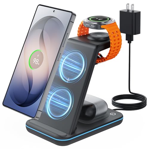 Wireless Charger for Samsung&Android: JoyGeek 3 in 1 Charging Station for S26/S25/S24/S23/S22/S21/S20/Note20/Z Fold&Flip, Galaxy Watch8/7/6/5/4/3/Active2/1, Buds 3 Pro - color: Black
