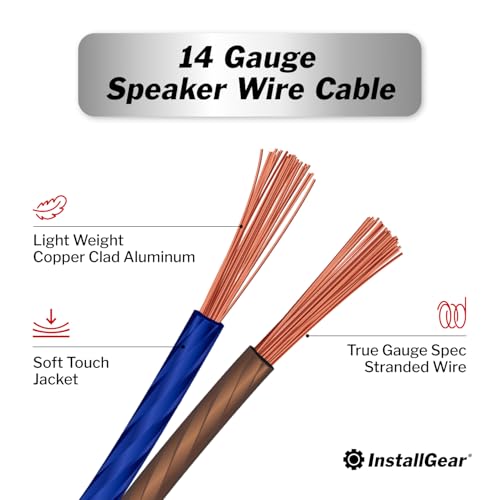100ft 14 Gauge Speaker Wire with 12 Banana Plugs - Copper Clad Aluminum Cable for Clear Audio Sound - Easy-Install Car Speaker Wire and Home Theater Setup with Blue Black Jacket - size: 14 Gauge (CCA) - 100 Ft