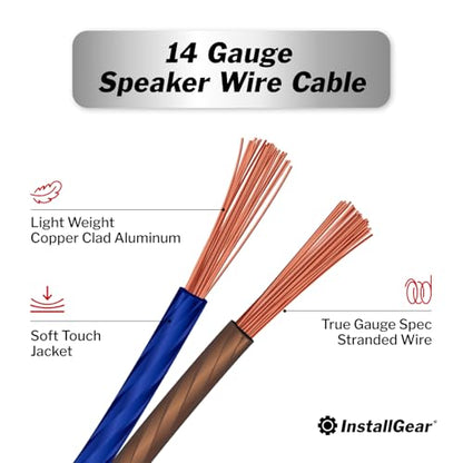 100ft 14 Gauge Speaker Wire with 12 Banana Plugs - Copper Clad Aluminum Cable for Clear Audio Sound - Easy-Install Car Speaker Wire and Home Theater Setup with Blue Black Jacket - size: 14 Gauge (CCA) - 100 Ft